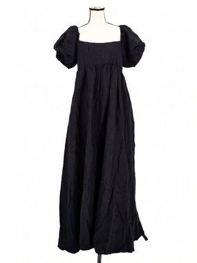 A.Ren Black 100% Linen Puff Sleeve Empire Maxi Dress Size Medium NWT